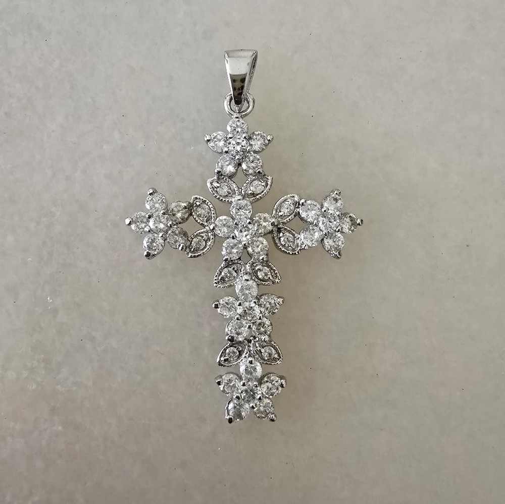 Elegant Sterling Silver Cubic Zirconia Floral Cross Pendant